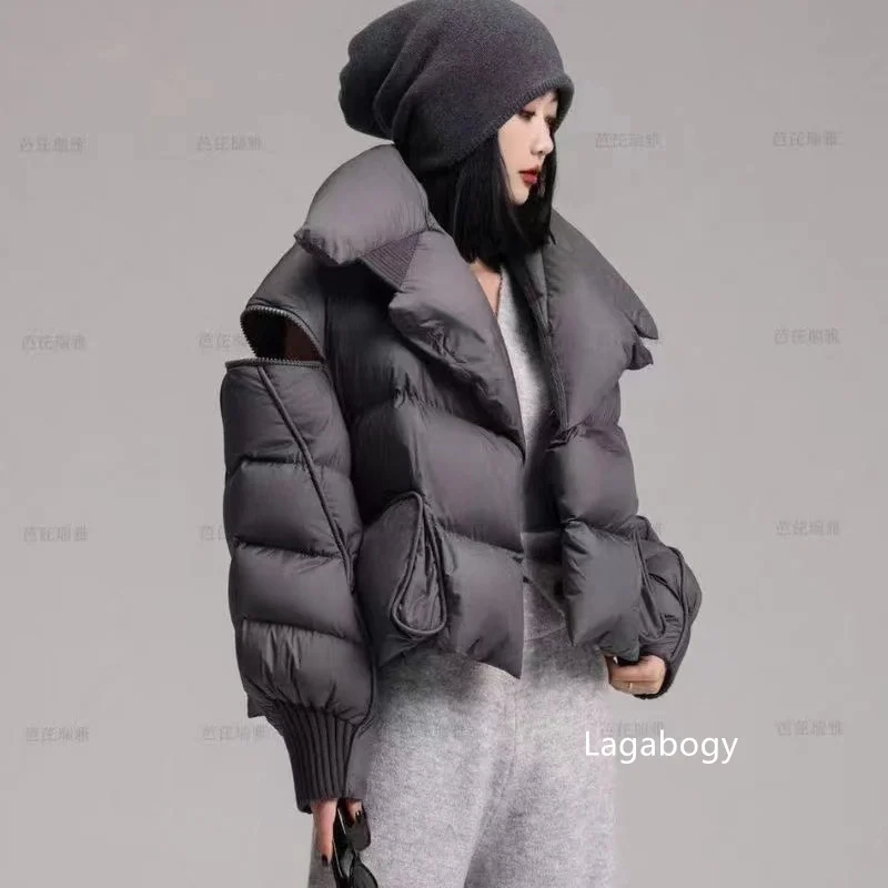 Lagabogy 2025 Winter Puffer Jacket Women Short 90% White Duck Down Coat Female Streetwear Warm Parkas Removable Sleeves Outwear