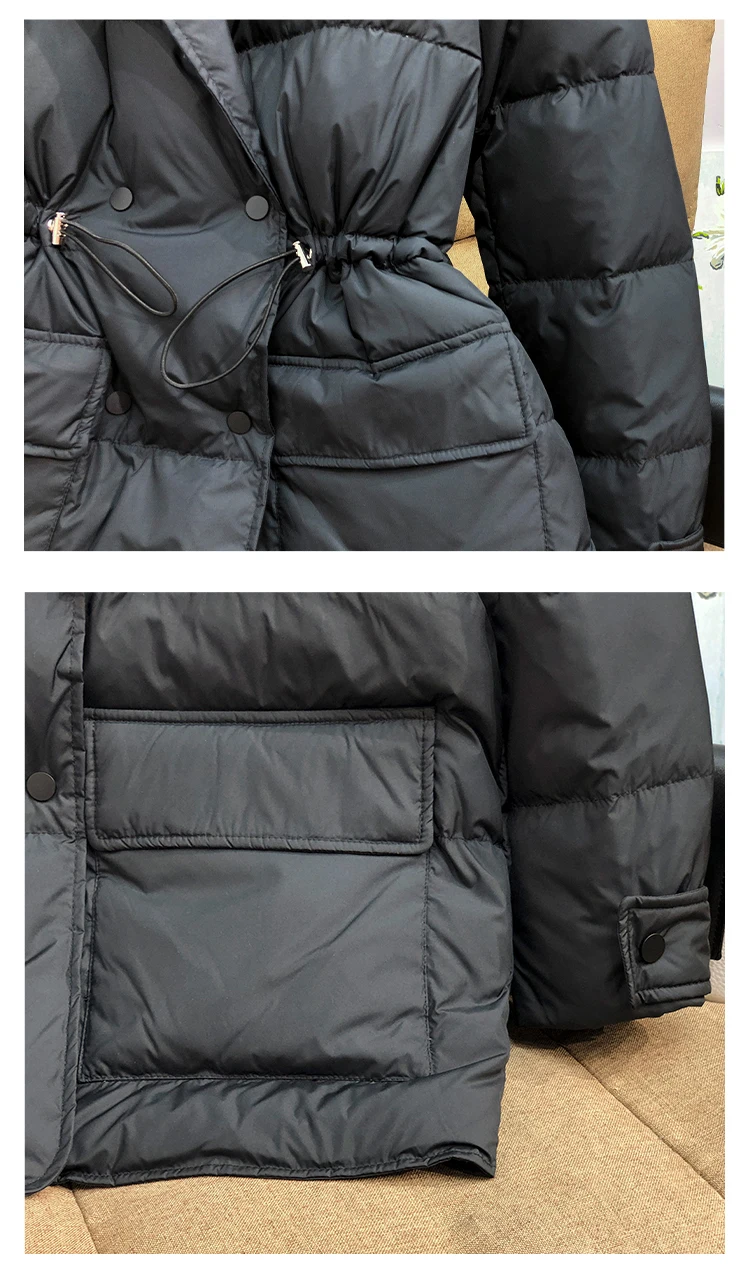 Lagabogy New Winter Women White Duck Down Coat Female Notched Collar Double Breasted Coats Casual Lady Drawstring Puffer Outwear