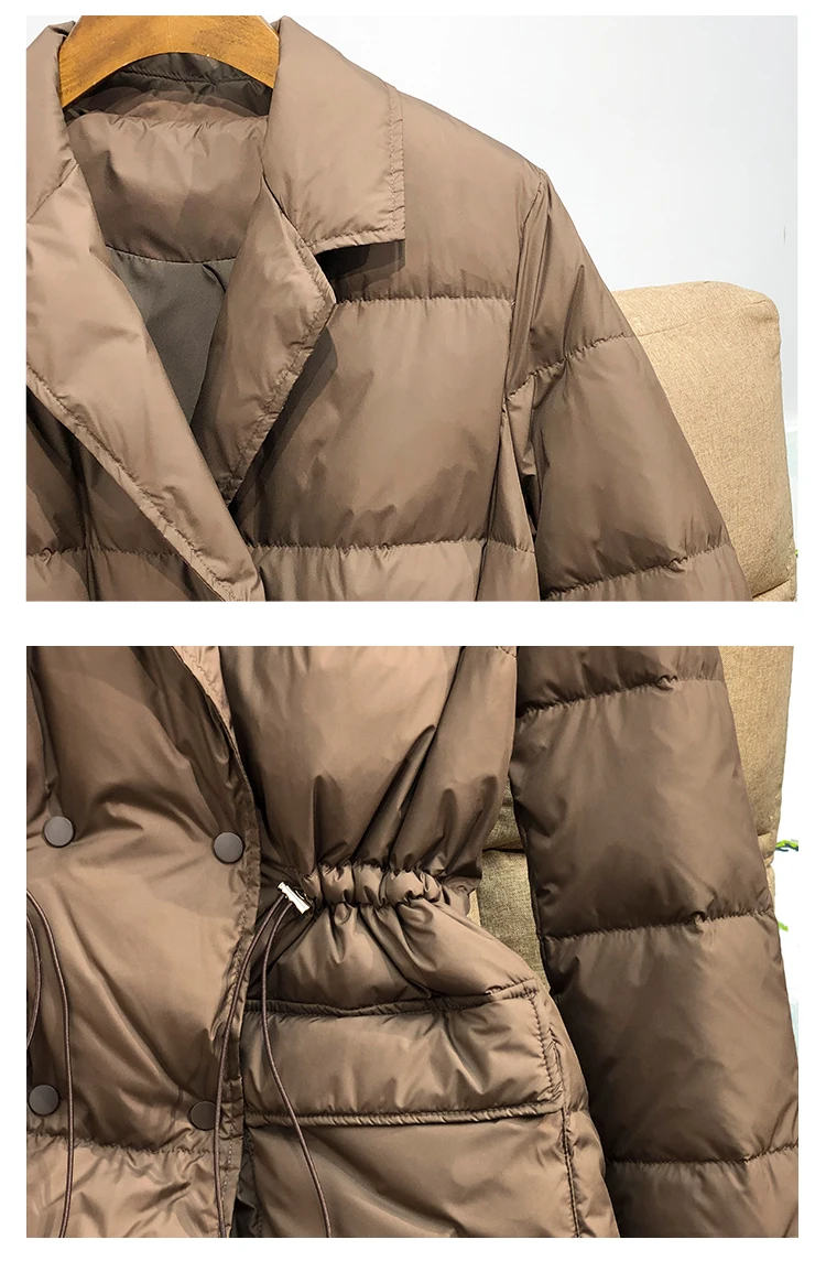 Lagabogy New Winter Women White Duck Down Coat Female Notched Collar Double Breasted Coats Casual Lady Drawstring Puffer Outwear