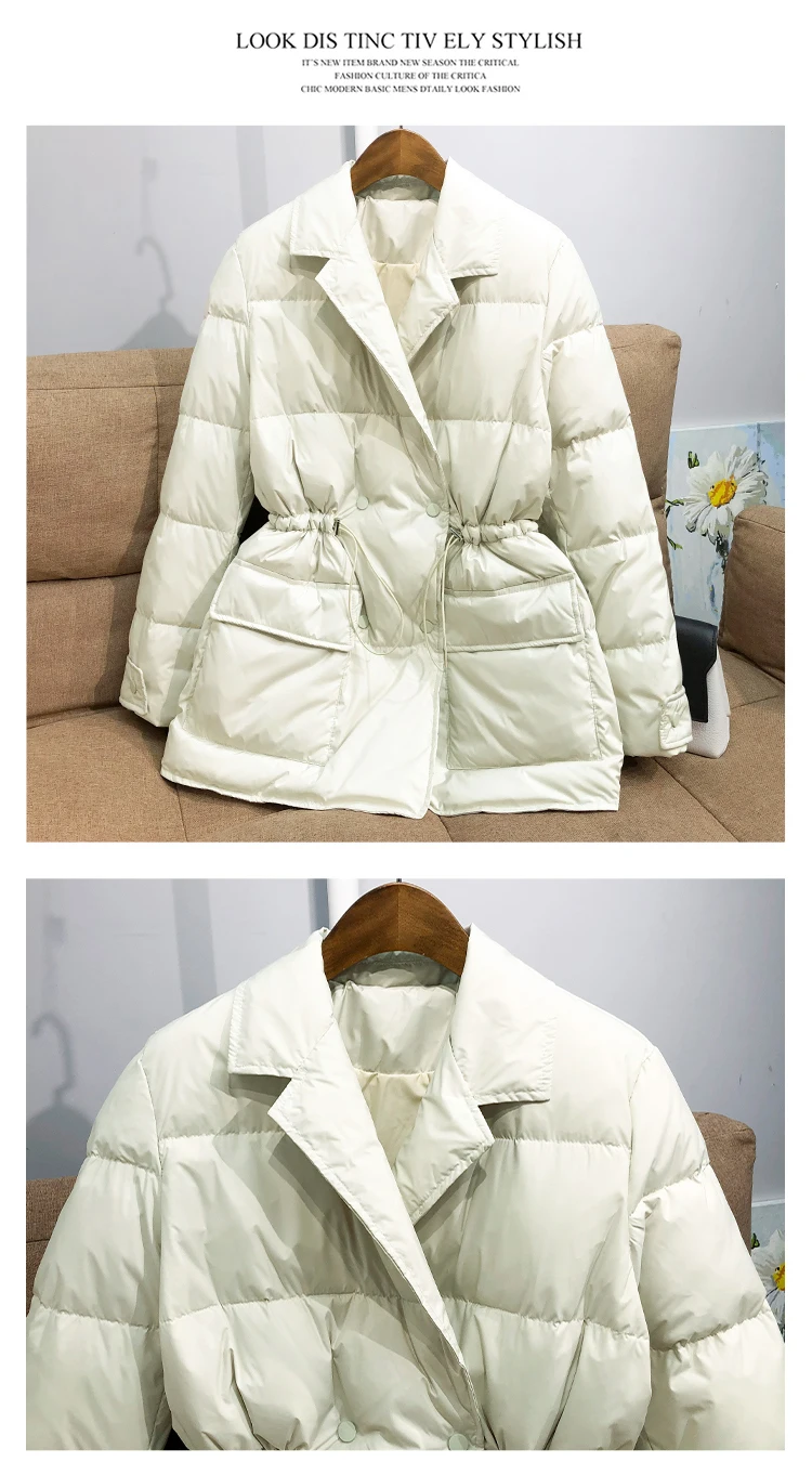 Lagabogy New Winter Women White Duck Down Coat Female Notched Collar Double Breasted Coats Casual Lady Drawstring Puffer Outwear