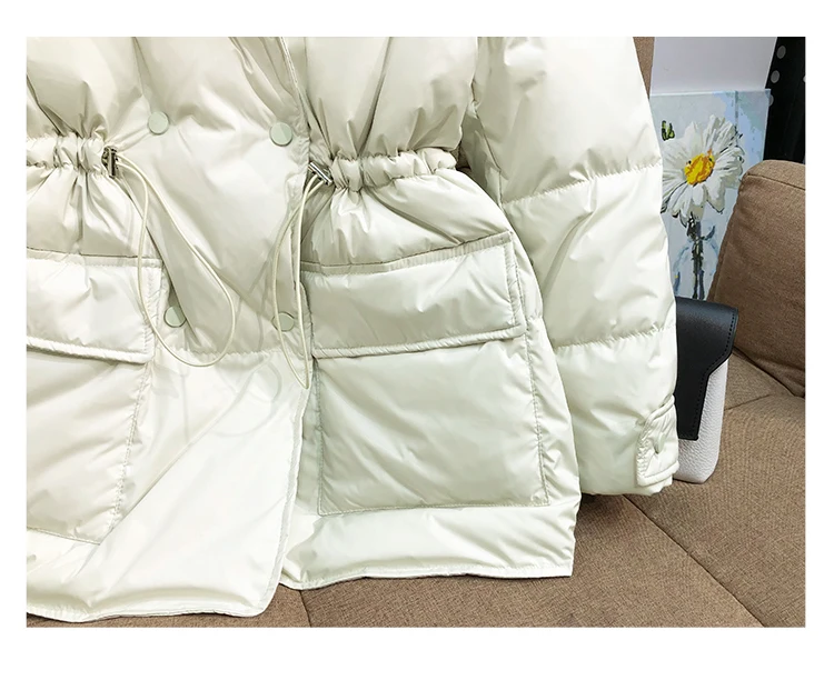 Lagabogy New Winter Women White Duck Down Coat Female Notched Collar Double Breasted Coats Casual Lady Drawstring Puffer Outwear