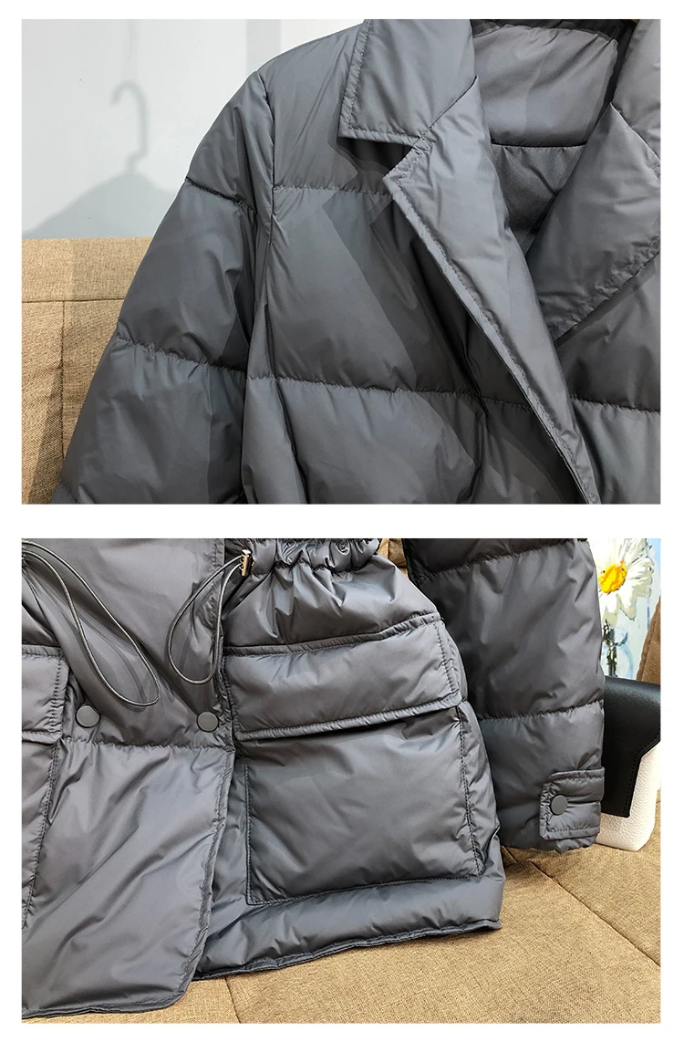 Lagabogy New Winter Women White Duck Down Coat Female Notched Collar Double Breasted Coats Casual Lady Drawstring Puffer Outwear