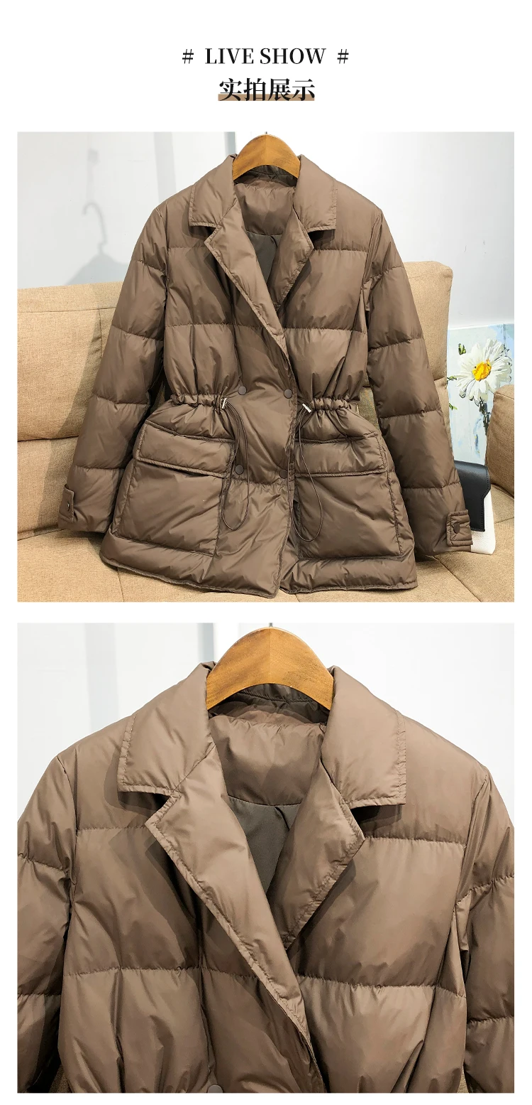 Lagabogy New Winter Women White Duck Down Coat Female Notched Collar Double Breasted Coats Casual Lady Drawstring Puffer Outwear