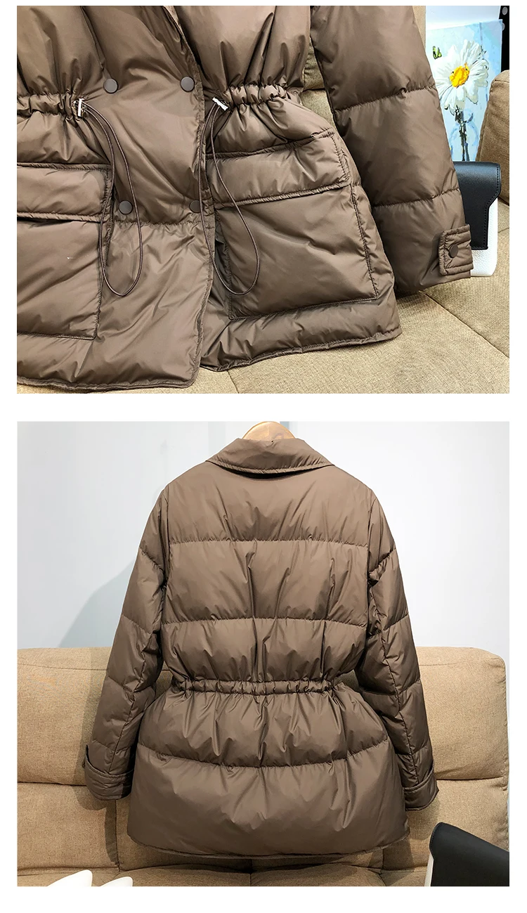 Lagabogy New Winter Women White Duck Down Coat Female Notched Collar Double Breasted Coats Casual Lady Drawstring Puffer Outwear
