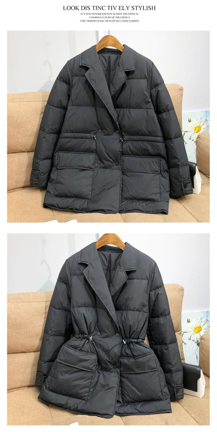 Lagabogy New Winter Women White Duck Down Coat Female Notched Collar Double Breasted Coats Casual Lady Drawstring Puffer Outwear