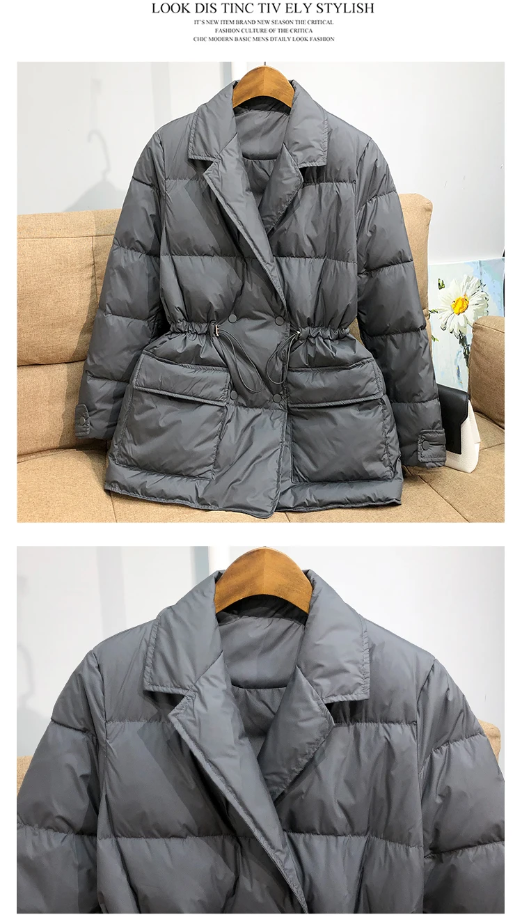 Lagabogy New Winter Women White Duck Down Coat Female Notched Collar Double Breasted Coats Casual Lady Drawstring Puffer Outwear