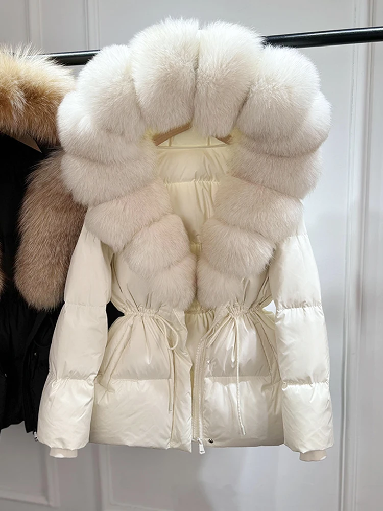 Lagabogy 2026 Big Real Fox Fur Hooded Puffer Jacket Female New Winter Top Fluffy Clothing Thick Warm White Duck Down Coat Women
