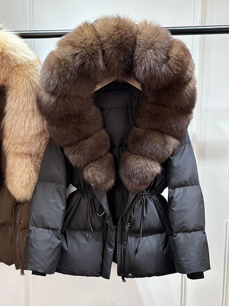 Lagabogy 2026 Big Real Fox Fur Hooded Puffer Jacket Female New Winter Top Fluffy Clothing Thick Warm White Duck Down Coat Women