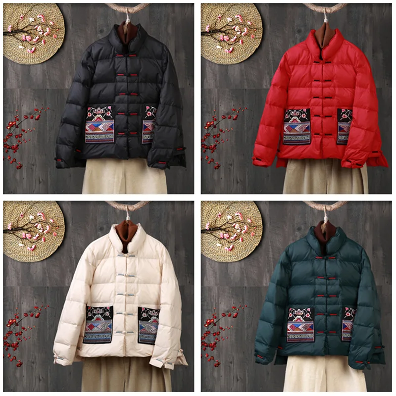 Chinese Style Vintage Embroidered Buckle Down Coat Women Warm Light White Duck Down Jacket Parkas Ladies Short Puffer Outwears