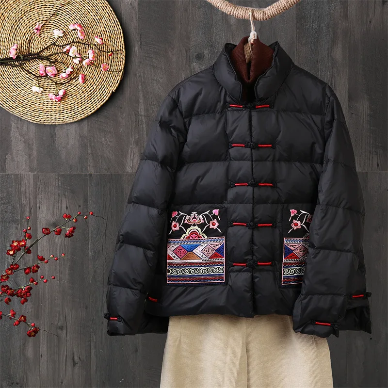 Chinese Style Vintage Embroidered Buckle Down Coat Women Warm Light White Duck Down Jacket Parkas Ladies Short Puffer Outwears
