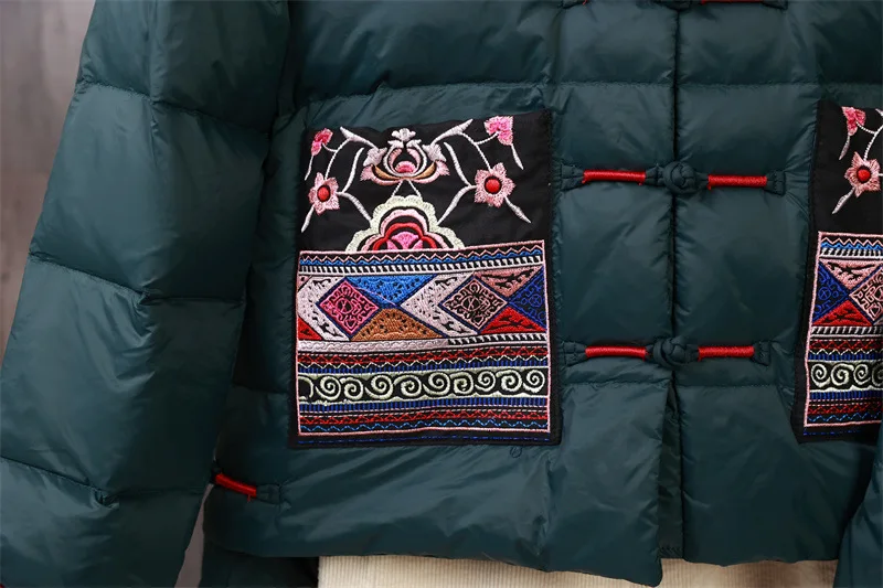 Chinese Style Vintage Embroidered Buckle Down Coat Women Warm Light White Duck Down Jacket Parkas Ladies Short Puffer Outwears