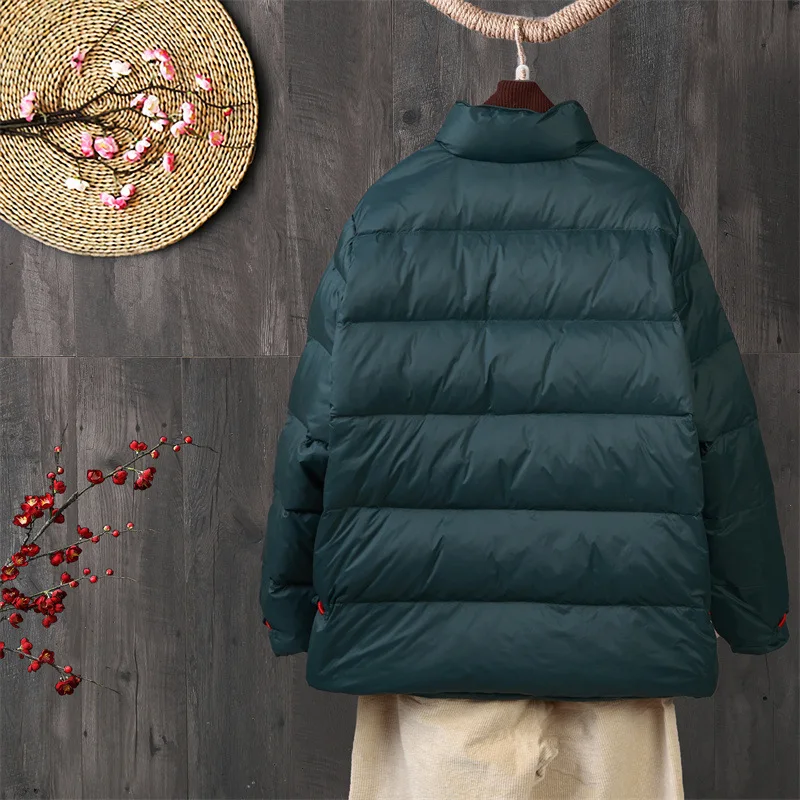 Chinese Style Vintage Embroidered Buckle Down Coat Women Warm Light White Duck Down Jacket Parkas Ladies Short Puffer Outwears