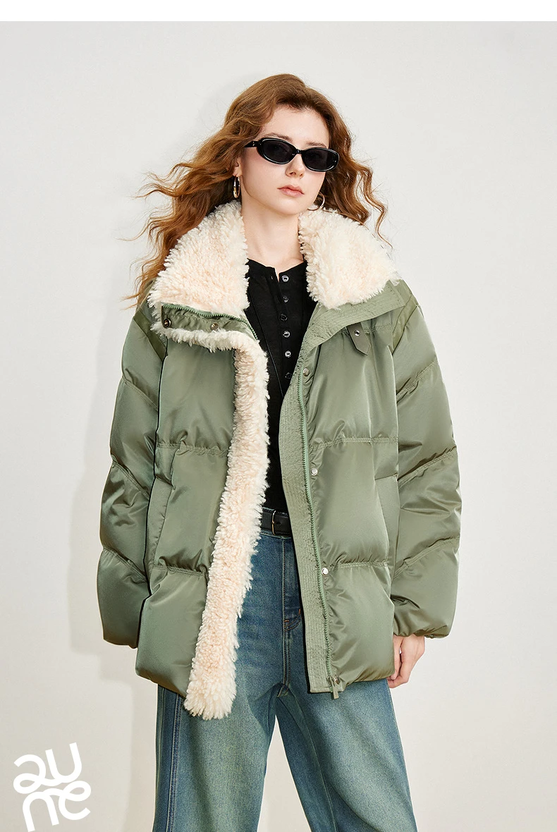 TOYOUTH Women 90% White Duck Down Jacket 2025 Winter New Fur Splicing Stand up Collar Light Luxury Warm Jacket Coat