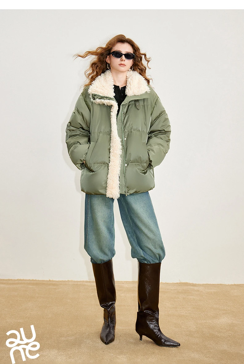 TOYOUTH Women 90% White Duck Down Jacket 2025 Winter New Fur Splicing Stand up Collar Light Luxury Warm Jacket Coat