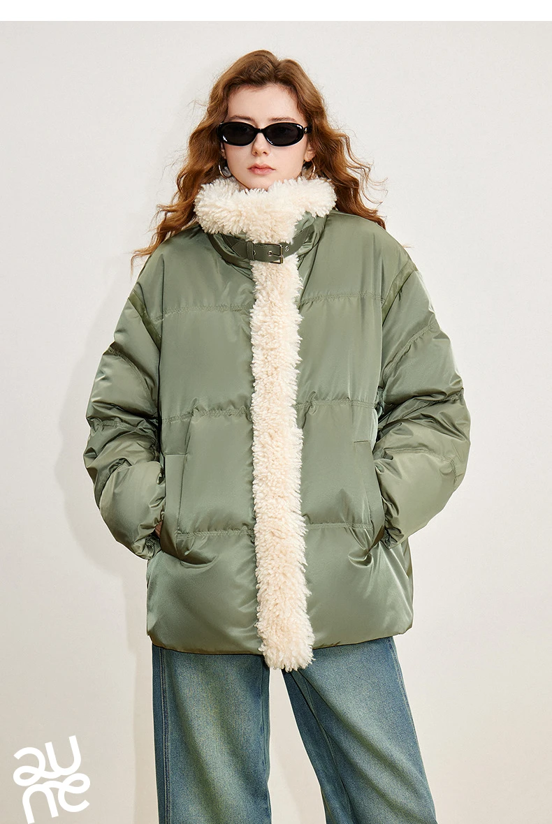 TOYOUTH Women 90% White Duck Down Jacket 2025 Winter New Fur Splicing Stand up Collar Light Luxury Warm Jacket Coat