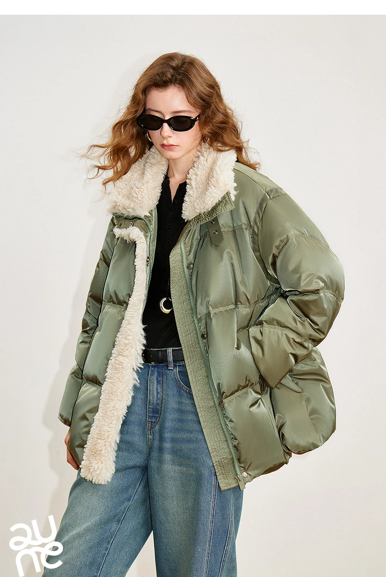 TOYOUTH Women 90% White Duck Down Jacket 2025 Winter New Fur Splicing Stand up Collar Light Luxury Warm Jacket Coat