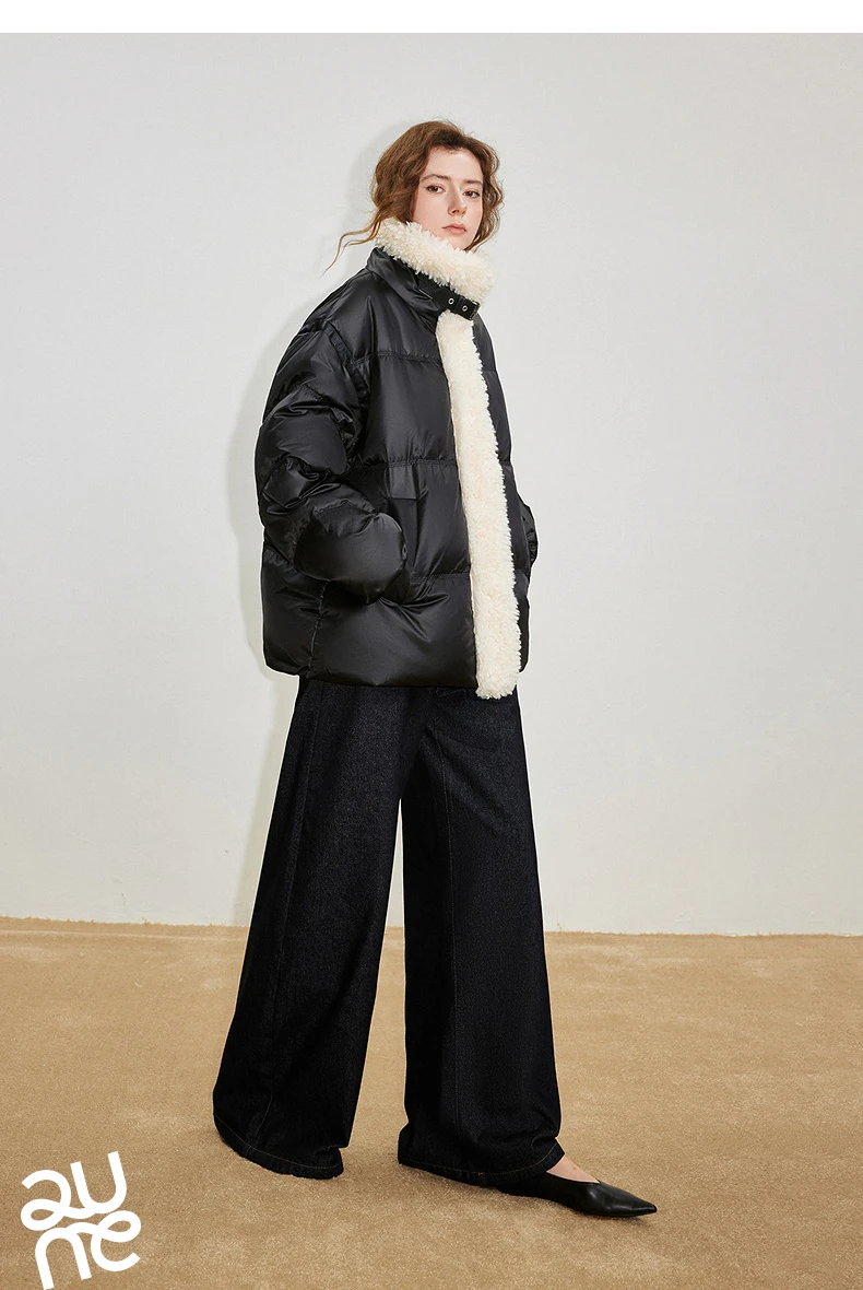 TOYOUTH Women 90% White Duck Down Jacket 2025 Winter New Fur Splicing Stand up Collar Light Luxury Warm Jacket Coat