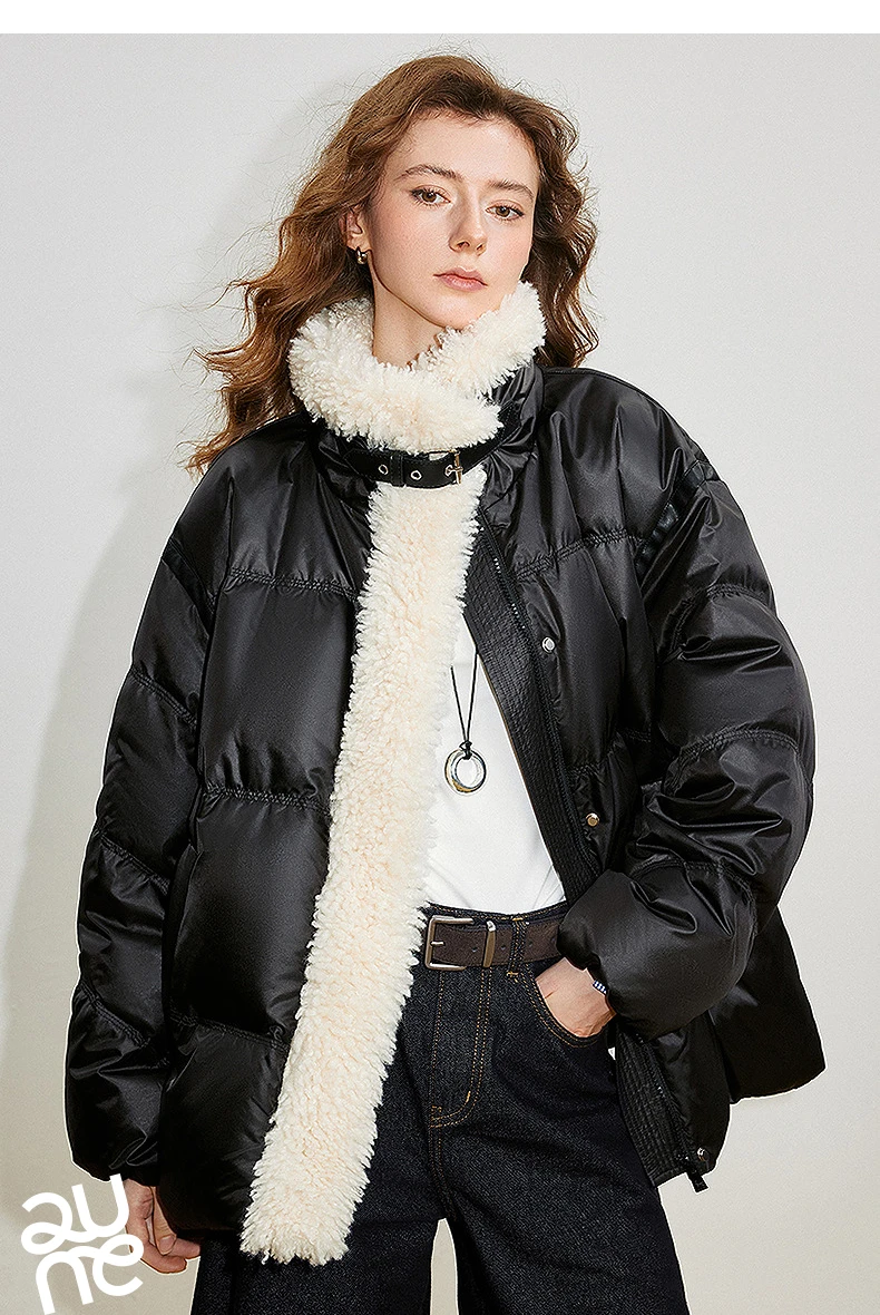 TOYOUTH Women 90% White Duck Down Jacket 2025 Winter New Fur Splicing Stand up Collar Light Luxury Warm Jacket Coat