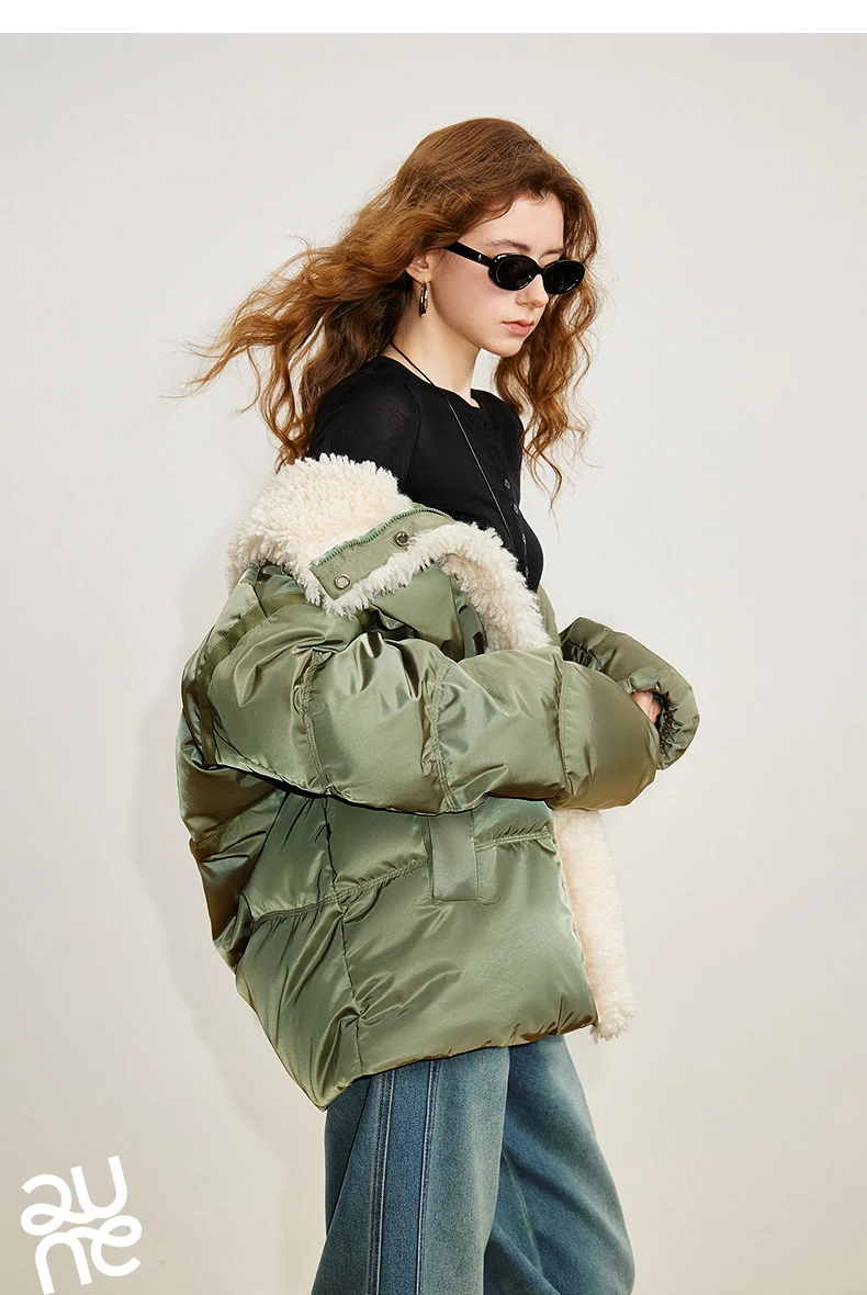 TOYOUTH Women 90% White Duck Down Jacket 2025 Winter New Fur Splicing Stand up Collar Light Luxury Warm Jacket Coat