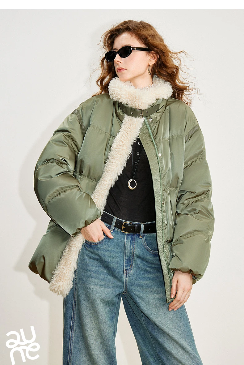TOYOUTH Women 90% White Duck Down Jacket 2025 Winter New Fur Splicing Stand up Collar Light Luxury Warm Jacket Coat