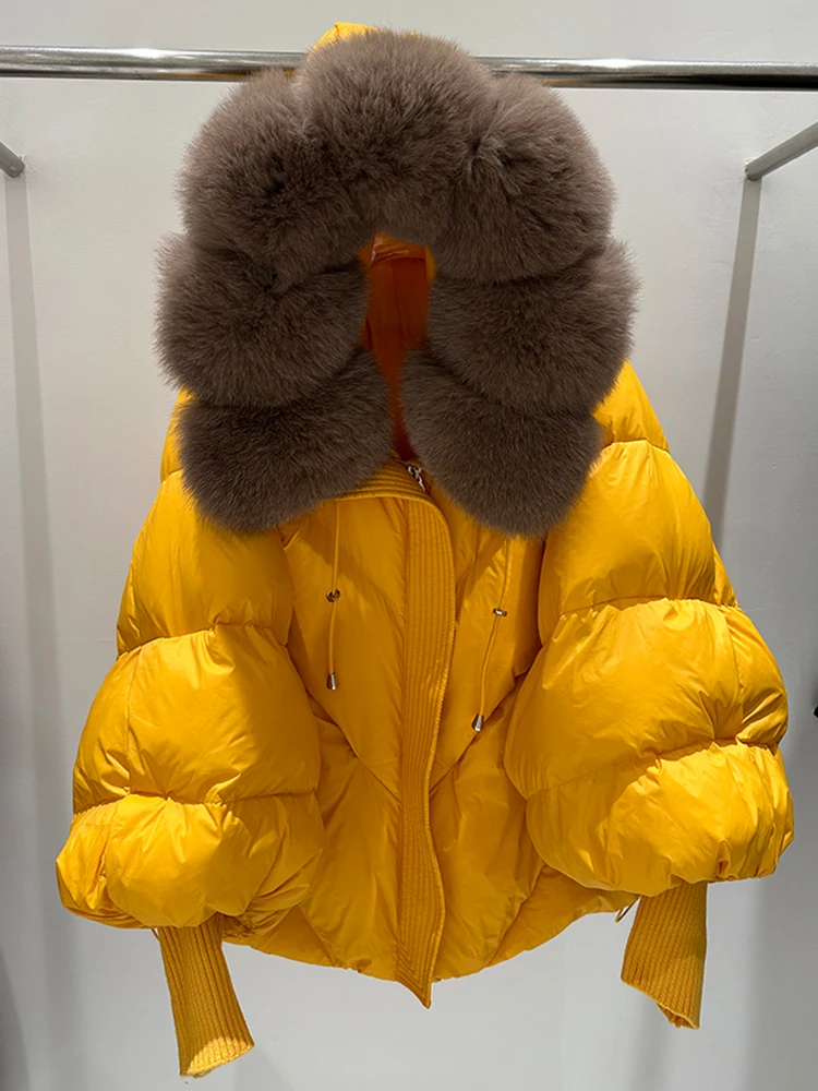 Lagabogy 2025 New Winter Large Real Fur Hooded Puffer Jacket Women White Duck Down Mid Long Parka Thick Warm Knitted Sleeve Coat