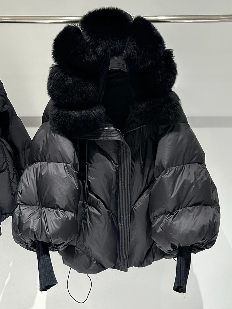 Lagabogy 2025 New Winter Large Real Fur Hooded Puffer Jacket Women White Duck Down Mid Long Parka Thick Warm Knitted Sleeve Coat