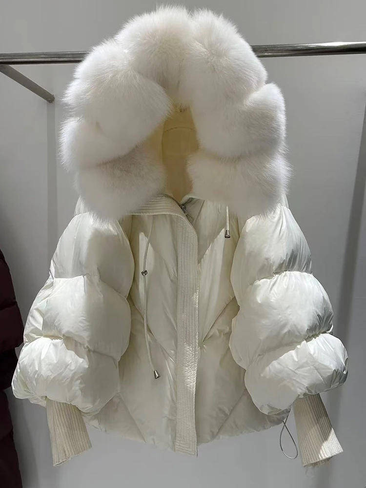 Lagabogy 2025 New Winter Large Real Fur Hooded Puffer Jacket Women White Duck Down Mid Long Parka Thick Warm Knitted Sleeve Coat