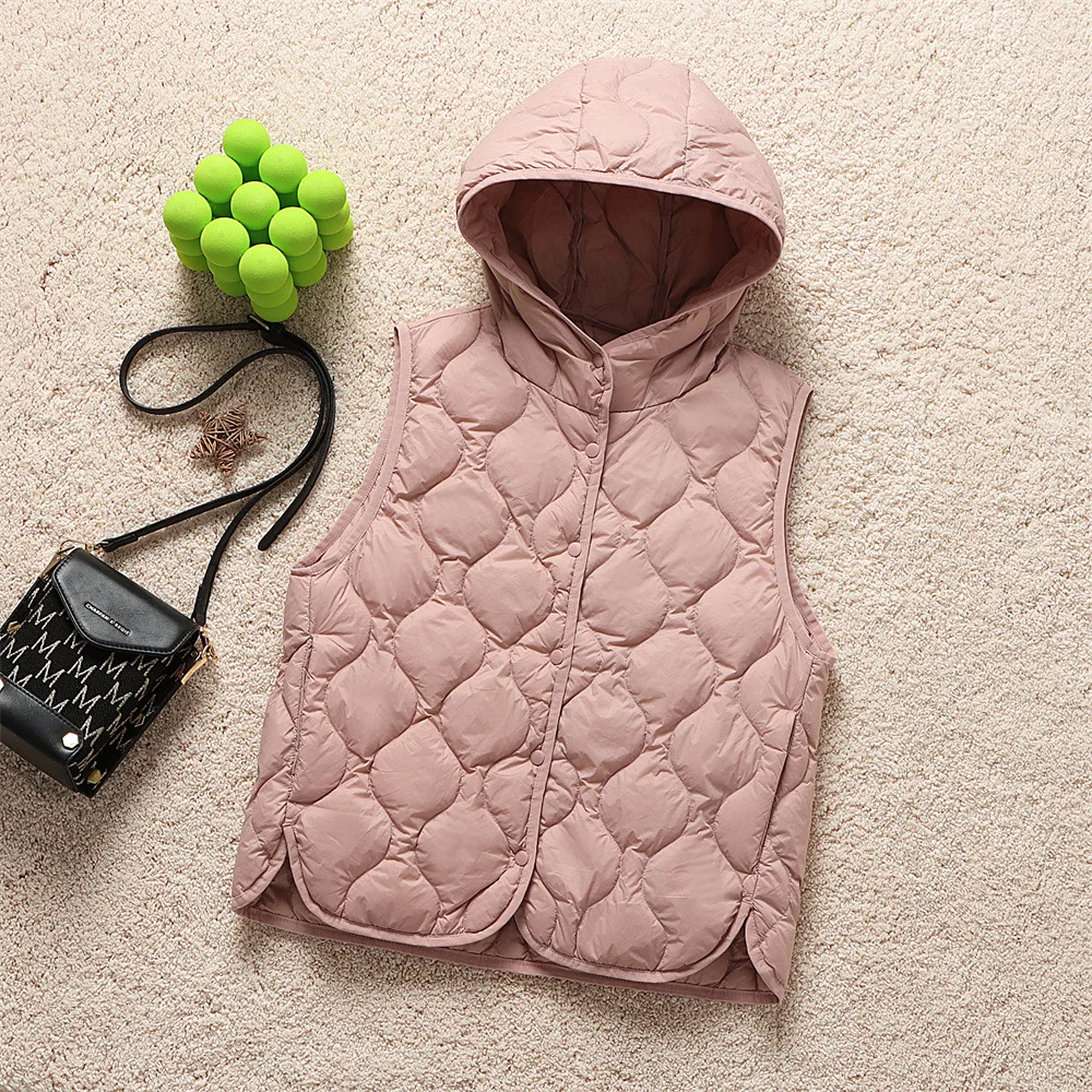 Fashion Lightweight Hooded Down Vest Woman Short Slim Fit Warm Winter Puffer Waistcoat Women Gilet Single Breasted VT-335