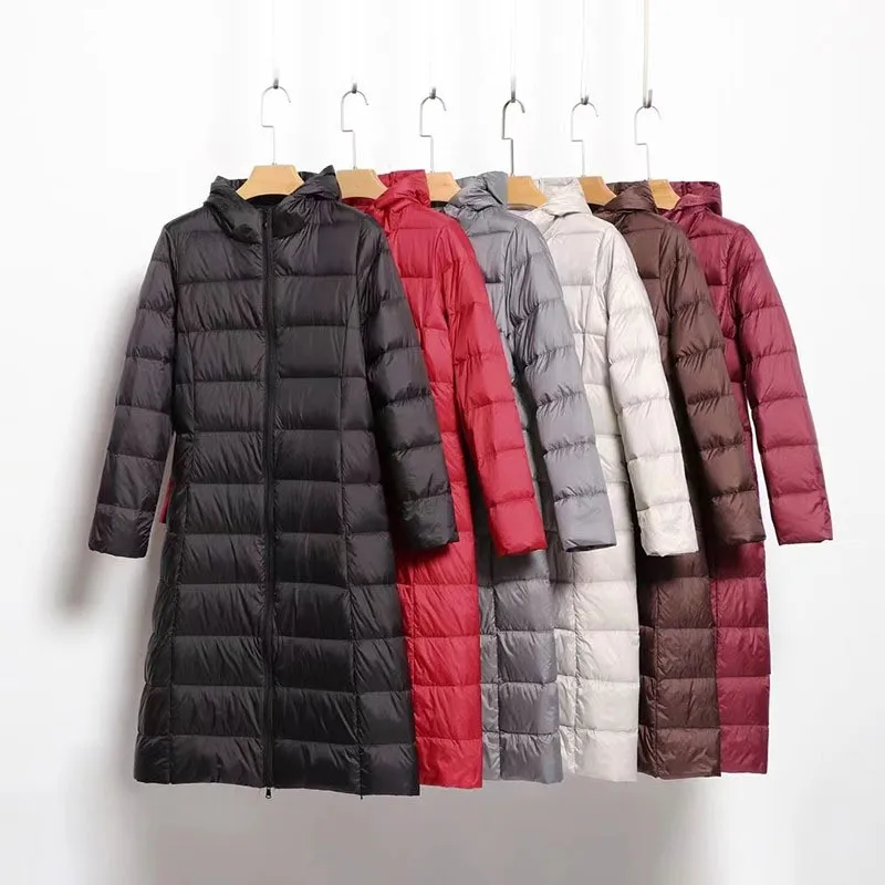 Johnature Women Hooded Zipper Warm Down White Coats Long Sleeve Slim Fashion Clothes 2025 New Autumn 6 Color Long Down Coats