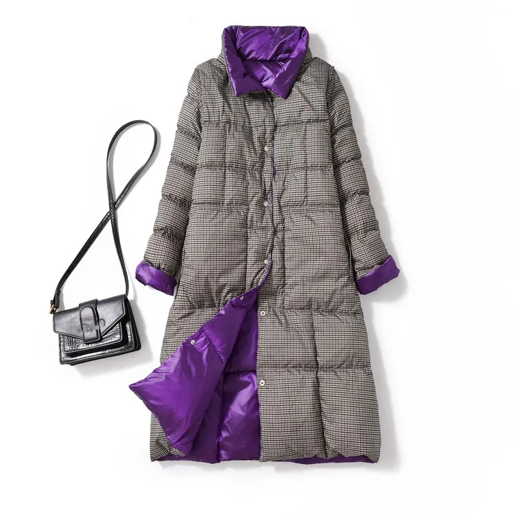 Women Reversible Down Coat 2022 Autumn Winter Warm Thicken White Duck Down Jacket Parkas Ladies Slim Long Plaid Puffer Outwears