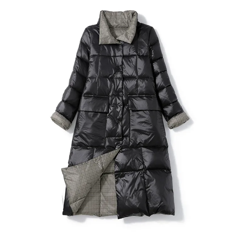Women Reversible Down Coat 2022 Autumn Winter Warm Thicken White Duck Down Jacket Parkas Ladies Slim Long Plaid Puffer Outwears