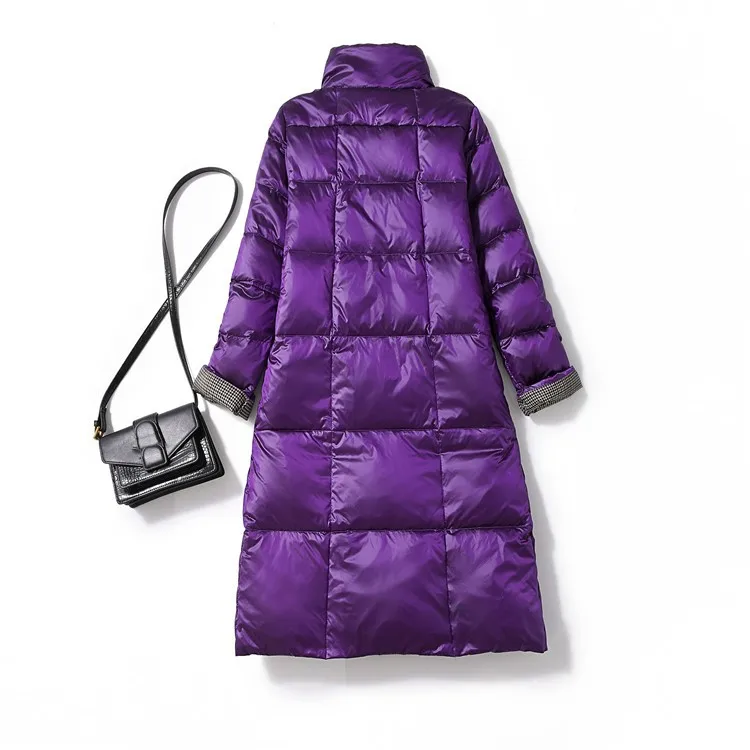 Women Reversible Down Coat 2022 Autumn Winter Warm Thicken White Duck Down Jacket Parkas Ladies Slim Long Plaid Puffer Outwears