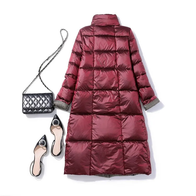 Women Reversible Down Coat 2022 Autumn Winter Warm Thicken White Duck Down Jacket Parkas Ladies Slim Long Plaid Puffer Outwears