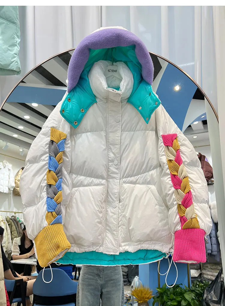 Womens Clothing Winter Female Short Down Jacket Hooded Patchwork Korean Fashion Duck Down Coat Short Jacket Parka Feather Woman