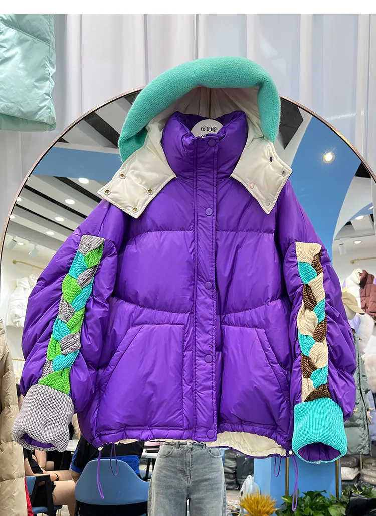 Womens Clothing Winter Female Short Down Jacket Hooded Patchwork Korean Fashion Duck Down Coat Short Jacket Parka Feather Woman