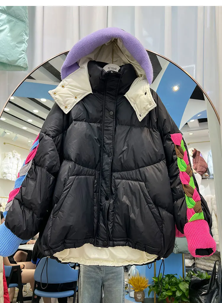 Womens Clothing Winter Female Short Down Jacket Hooded Patchwork Korean Fashion Duck Down Coat Short Jacket Parka Feather Woman