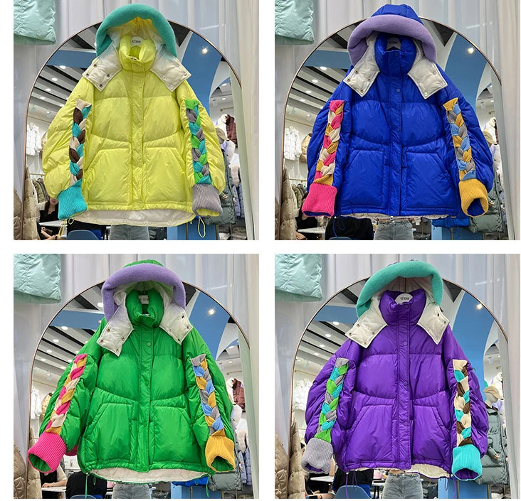 Womens Clothing Winter Female Short Down Jacket Hooded Patchwork Korean Fashion Duck Down Coat Short Jacket Parka Feather Woman