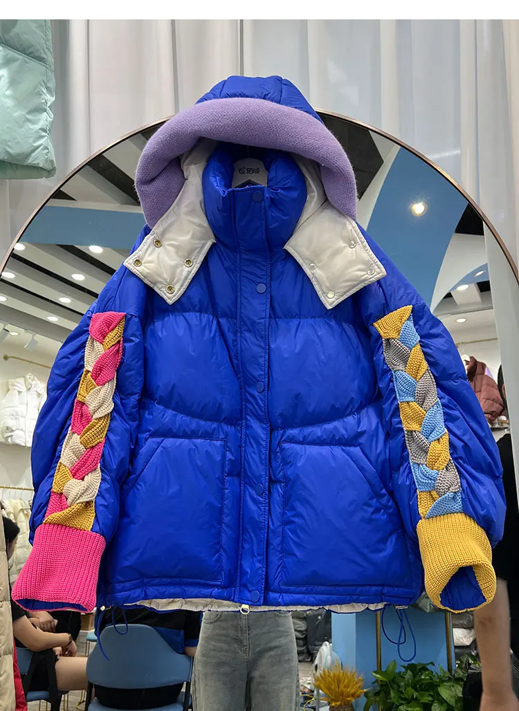 Womens Clothing Winter Female Short Down Jacket Hooded Patchwork Korean Fashion Duck Down Coat Short Jacket Parka Feather Woman