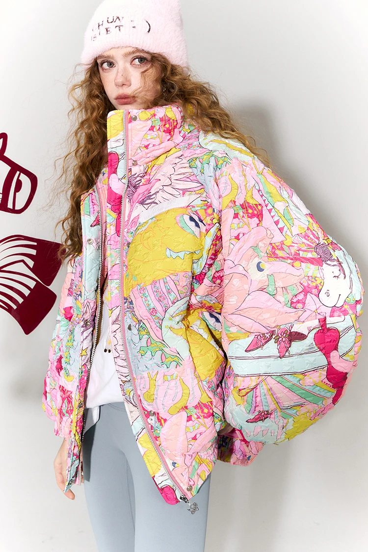 ELFSACK Y2K Anime Print Puffer Jacket Women Harajuku Kawaii Stand Collar Zip Up Oversized Winter Warm Padded Bubble Coat