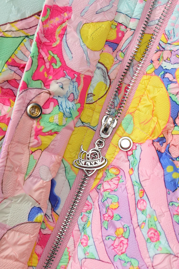 ELFSACK Y2K Anime Print Puffer Jacket Women Harajuku Kawaii Stand Collar Zip Up Oversized Winter Warm Padded Bubble Coat