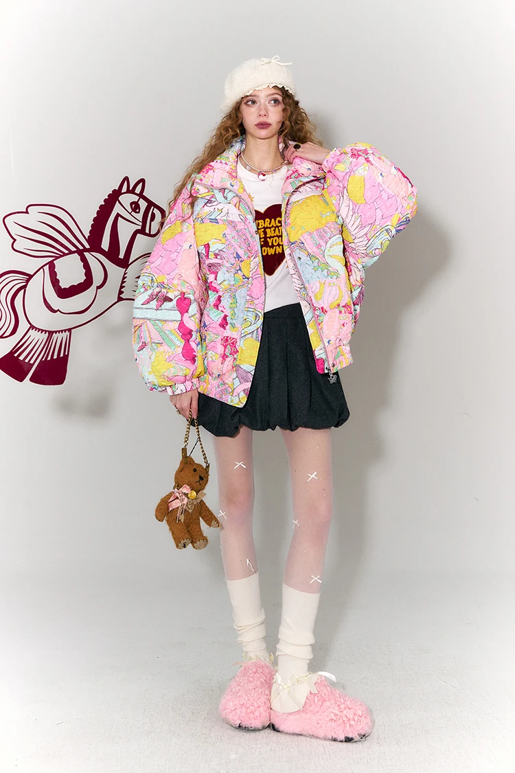 ELFSACK Y2K Anime Print Puffer Jacket Women Harajuku Kawaii Stand Collar Zip Up Oversized Winter Warm Padded Bubble Coat