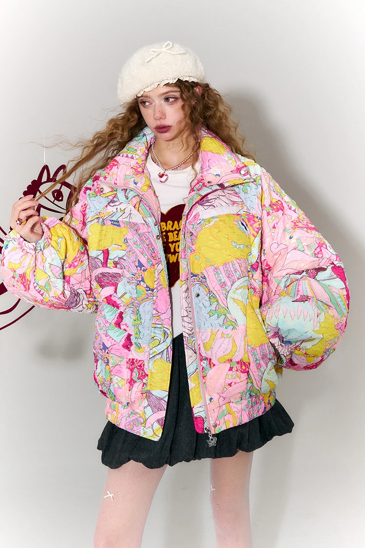 ELFSACK Y2K Anime Print Puffer Jacket Women Harajuku Kawaii Stand Collar Zip Up Oversized Winter Warm Padded Bubble Coat