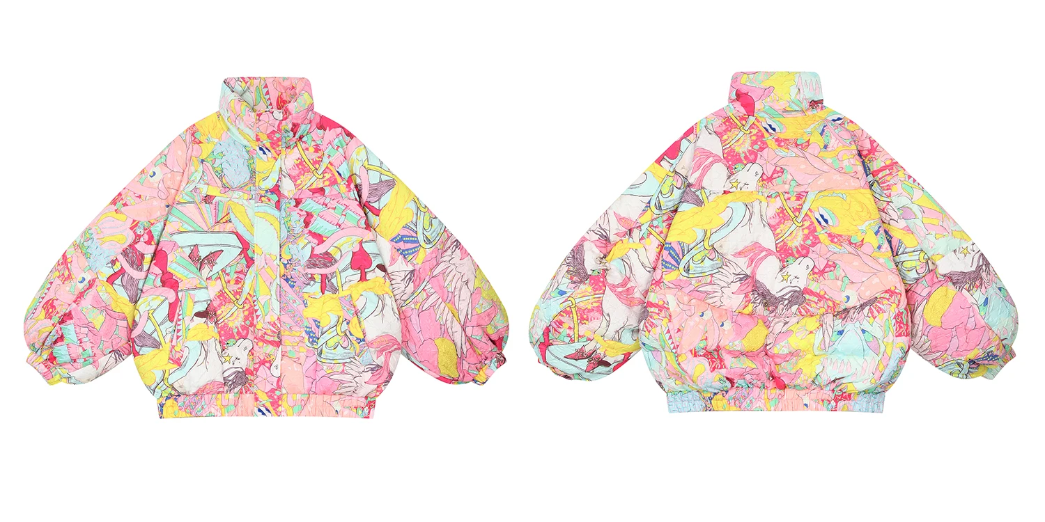 ELFSACK Y2K Anime Print Puffer Jacket Women Harajuku Kawaii Stand Collar Zip Up Oversized Winter Warm Padded Bubble Coat