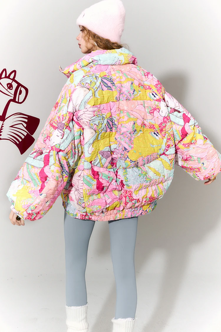 ELFSACK Y2K Anime Print Puffer Jacket Women Harajuku Kawaii Stand Collar Zip Up Oversized Winter Warm Padded Bubble Coat
