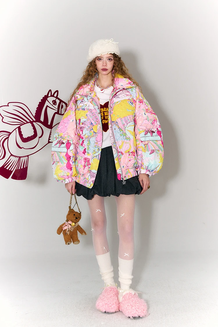 ELFSACK Y2K Anime Print Puffer Jacket Women Harajuku Kawaii Stand Collar Zip Up Oversized Winter Warm Padded Bubble Coat