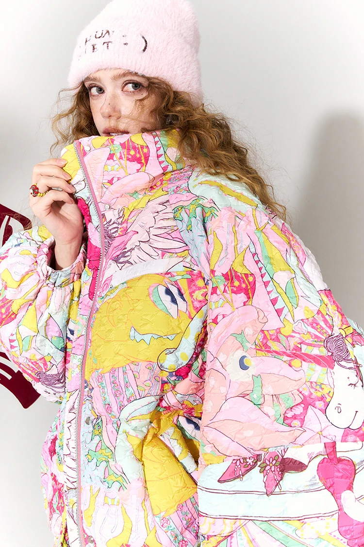 ELFSACK Y2K Anime Print Puffer Jacket Women Harajuku Kawaii Stand Collar Zip Up Oversized Winter Warm Padded Bubble Coat