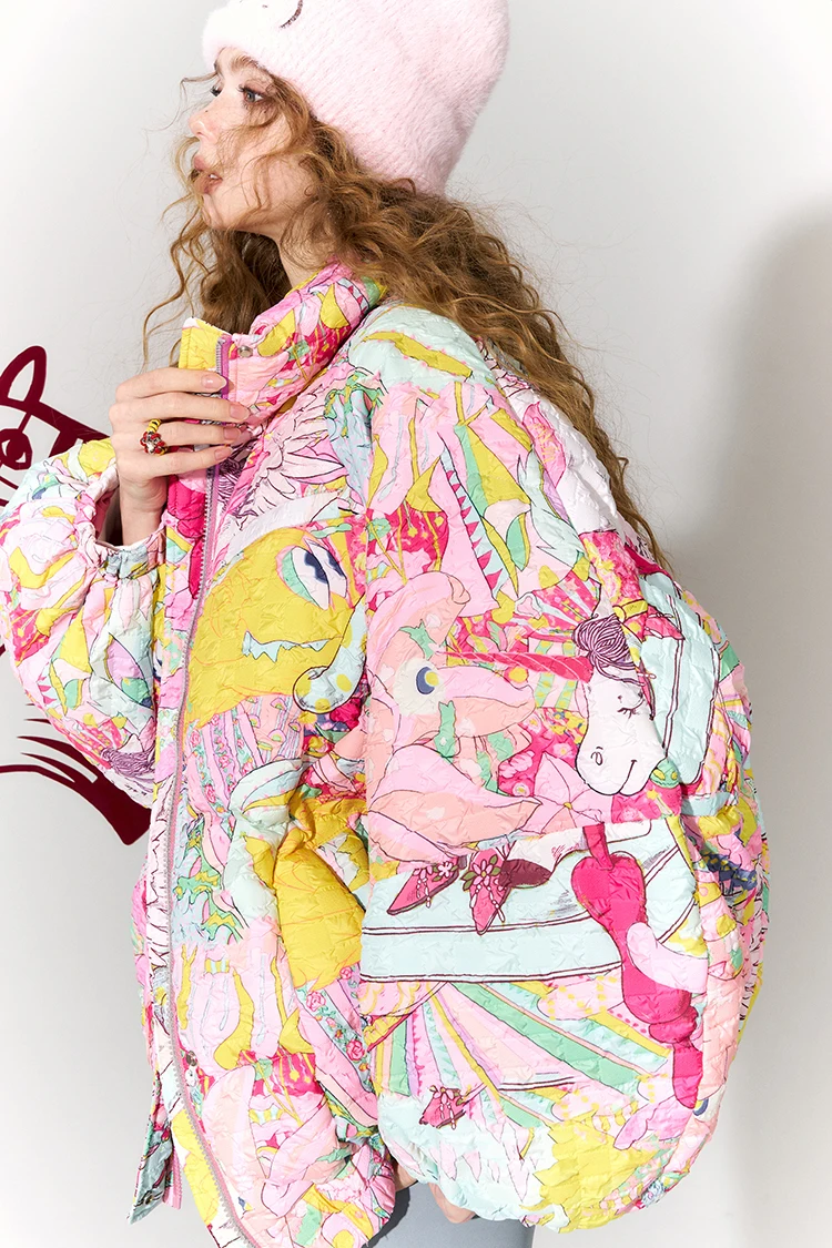 ELFSACK Y2K Anime Print Puffer Jacket Women Harajuku Kawaii Stand Collar Zip Up Oversized Winter Warm Padded Bubble Coat