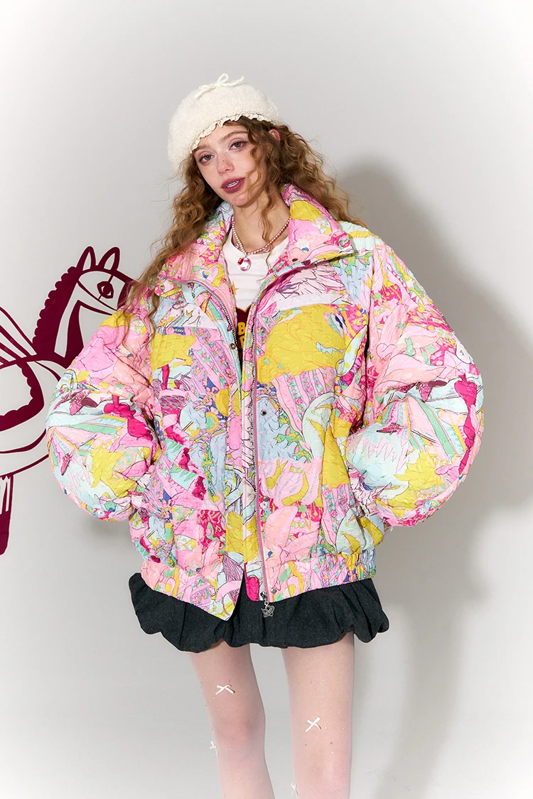 ELFSACK Y2K Anime Print Puffer Jacket Women Harajuku Kawaii Stand Collar Zip Up Oversized Winter Warm Padded Bubble Coat