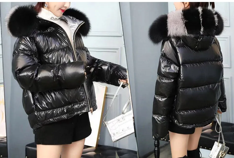 Maomaokong Winter Jacket Women Real Fur Coat Parkas Duck Down Lining Coat Real Raccoon Fur Collar Warm Black Streetwear