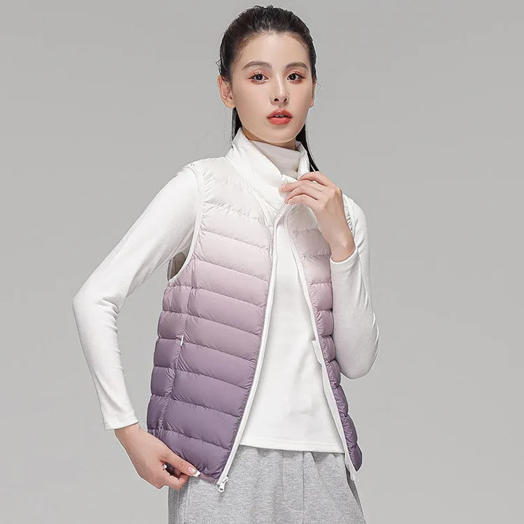 Women Novel Gradient Outwear Vest 90% White Duck Down Ultra Light Vest Female Sleeveless Warm Waistcoat